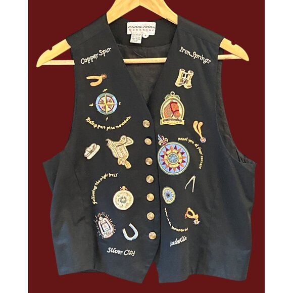 Vintage 1990s Carol Horn Patchwork Western Travel Vest Southwest Cowgirl Boho - Picture 1 of 7